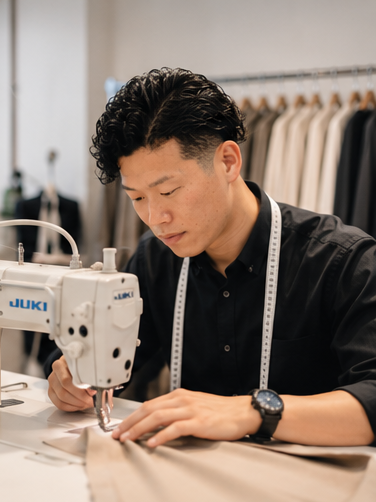 ミシンで縫製する草場颯